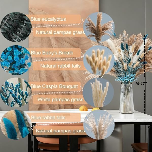 Real Blue Boho Decor Pampas Grass and Babys Breath, Eucalyptus Bouquet