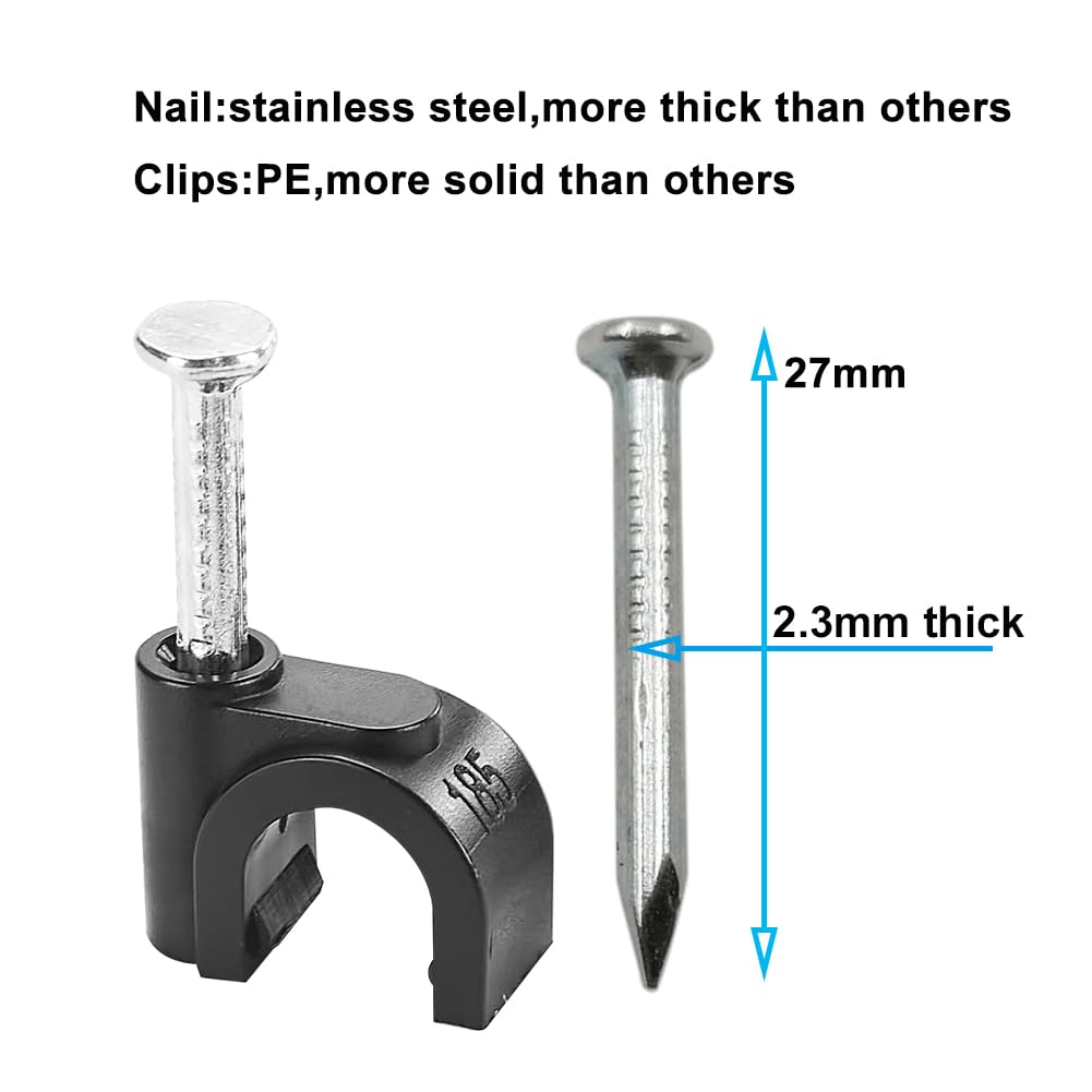 HS Cable Clips 10mm with Steel Nail 200 Pieces Black,Ethernet Management U Shaped Wire Cord Staples Hooks for Outdoor Wall,Coax Cat8 RG8 Cable Extension Fasteners
