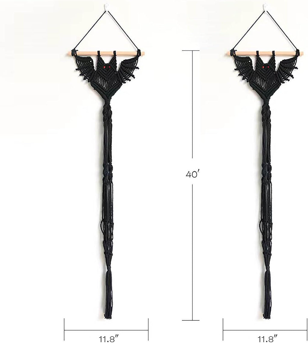 2-Pack Boho Bat Shape Gothic Plant Hanger, Macrame Handmade Pot Holder with Wooden Stick, Black Color Pot Holder for Indoor/Garden/Porch Decoration 40"X11.8" (No Pot & Plant Included)
