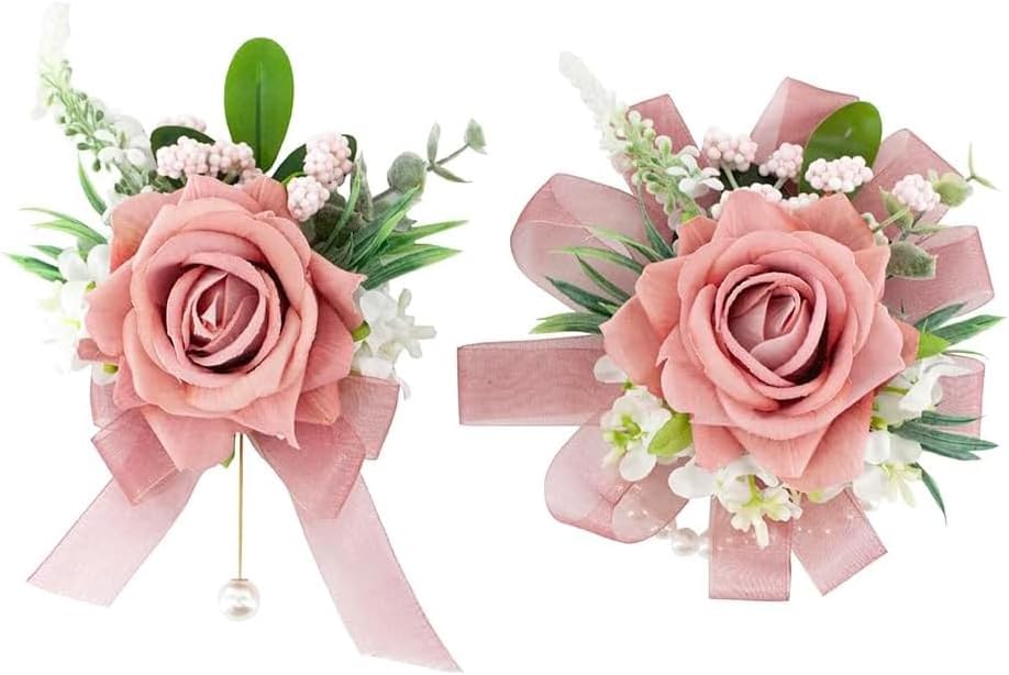 Dusty Rose Corsage and Boutonniere Set Girl Prom Corsage Wristlet