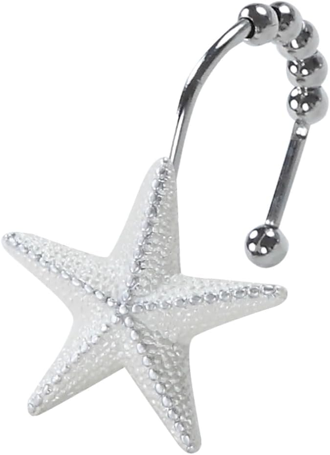 Coastal Seashell Shower Curtain Hooks, Under the Sea Beach Starfish Bathroom Shower Curtain Hooks Rust Proof, 5 Roller Ring Balls White Decorative Shower Hooks for Shower Curtain, Set of 12