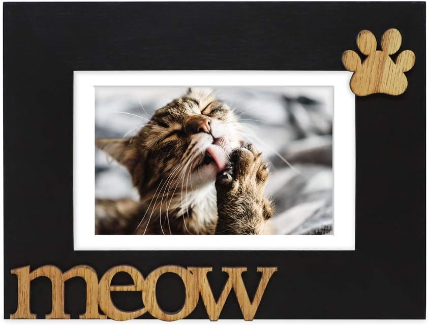 Isaac Jacobs 5x7 (Matted 4x6) Black Wood Sentiments Cat Meow” Photo Frame