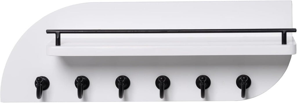 Key Holder for Wall, Decorative Key and Mail Organizer with 6 Sturdy Metal Hooks and Floating Shelf, 14 Inches Wood Wall Mounted Key Rack for Entryway, White and Black