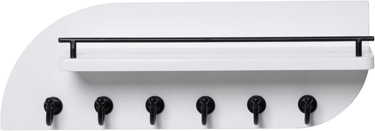 Key Holder for Wall, Decorative Key and Mail Organizer with 6 Sturdy Metal Hooks and Floating Shelf, 14 Inches Wood Wall Mounted Key Rack for Entryway, White and Black