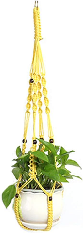 LANGUGU Macrame Plant Hanger with Metal Ring Wall Hanging Planter Basket for Indoor Outdoor Flower Pot Plant Holder Wall Art Vintage-Inspired Home Decor, Nylon Rope Beads, 4 Legs 37 inch (Yellow)