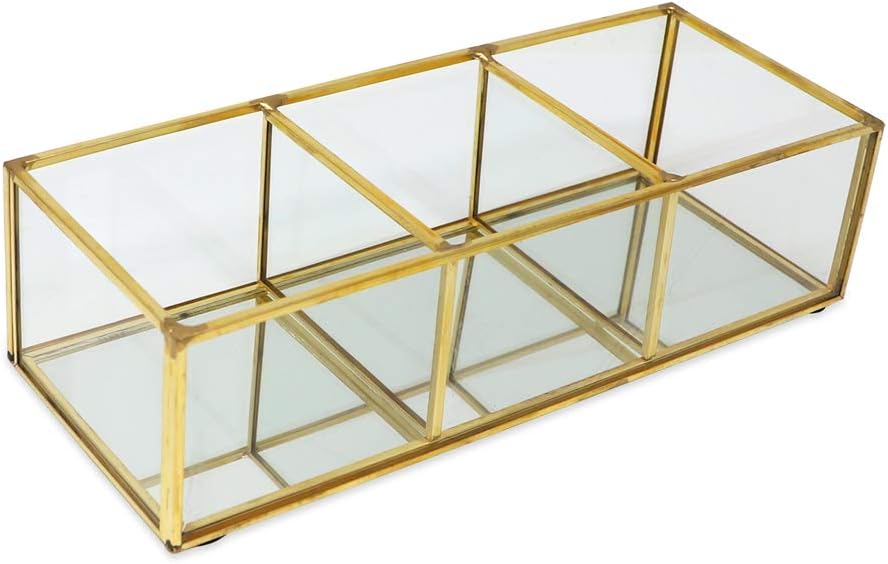 Isaac Jacobs 3-Compartment Brass and Glass Organizer 9.1"L x 3.6"W x 2.6"H
