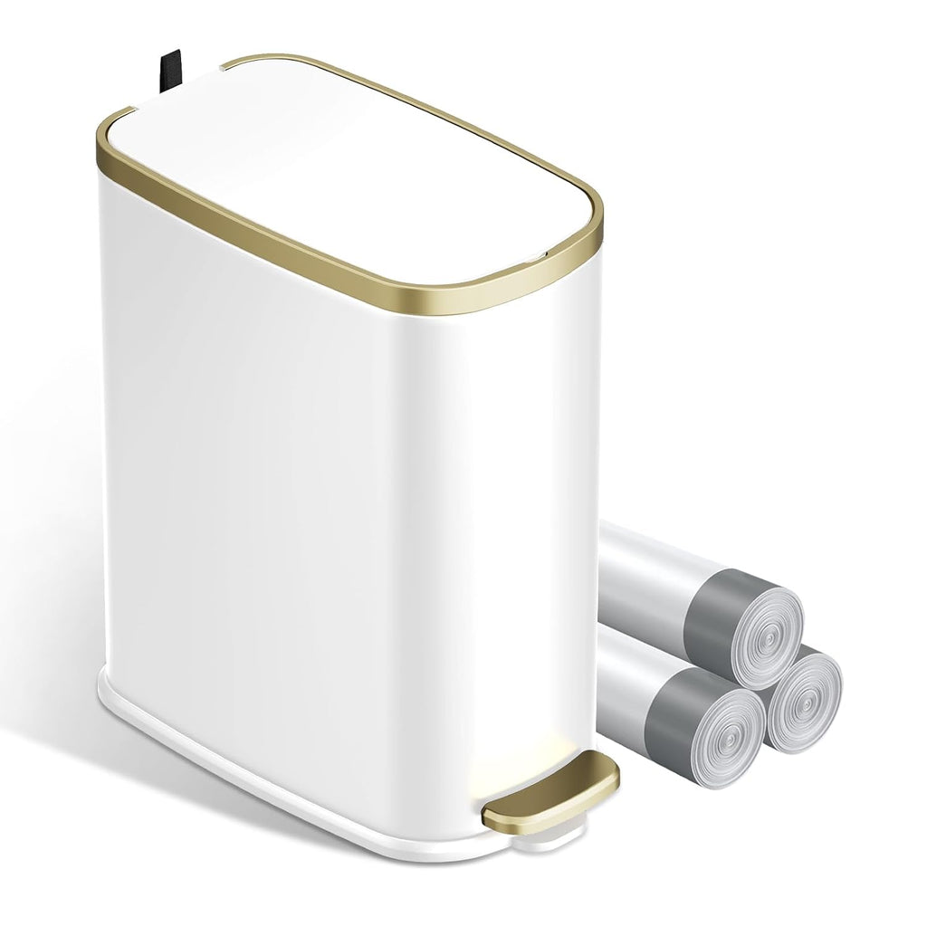 KUK Small Bathroom Trash Can with Lid Soft Close, Step Pedal, 2.6 Gal Stainless Steel Garbage Can with Removable Inner Bucket, Anti-Fingerprint Wastebasket for Office, Bedroom, Toilet (White)