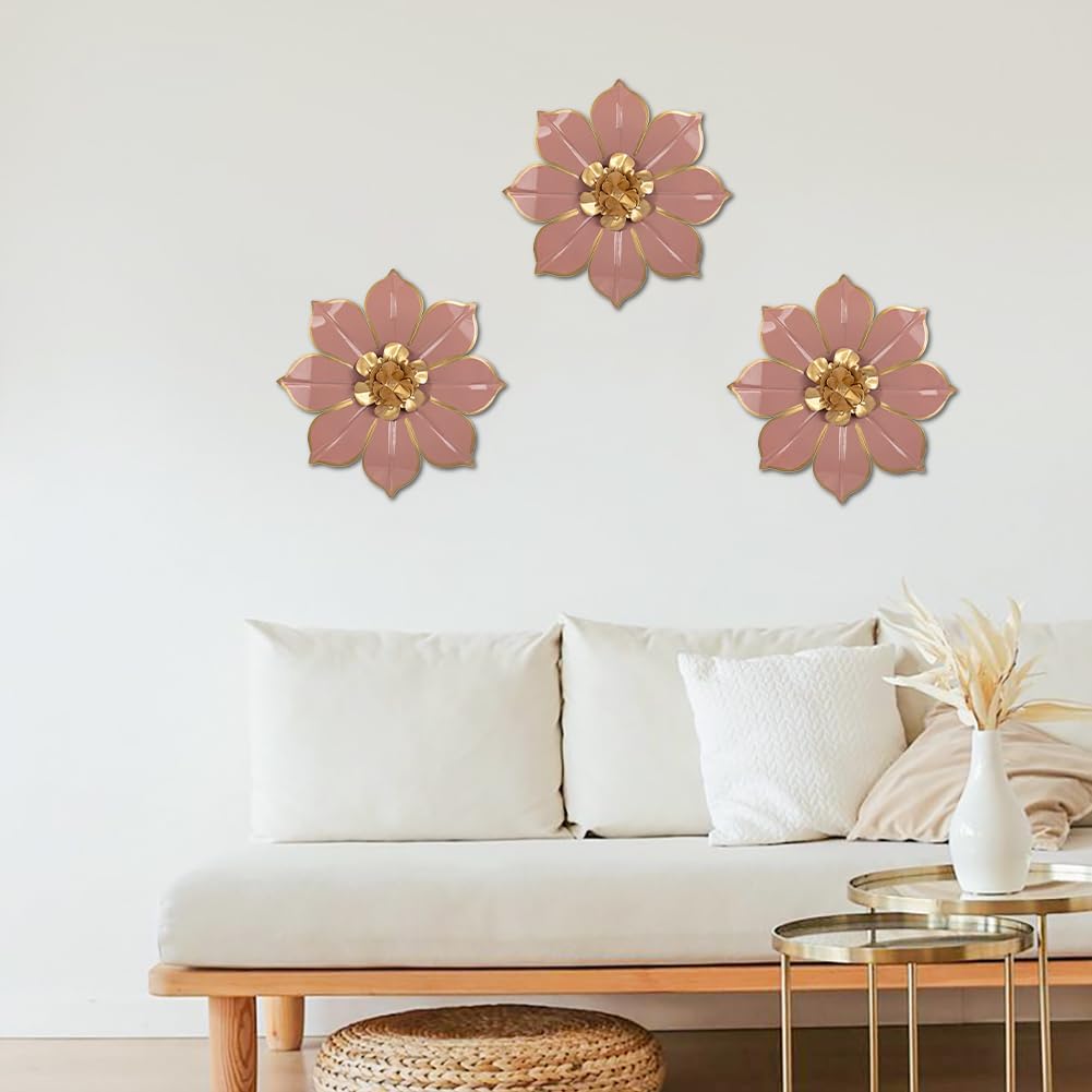 Villa Como Set of 3 Pink and Gold Metal Flowers Wall Art Decor 10"