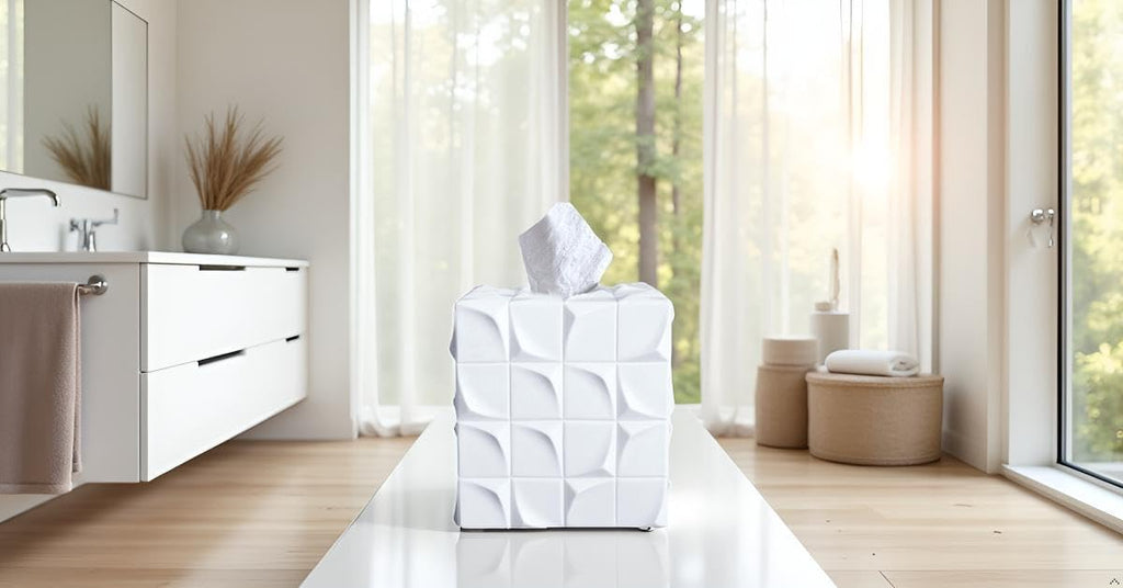 Square Tissue Box Cover Decorative Kleenex Box Holder for Bathroom & Living Room with Handcrafted Texture (White)