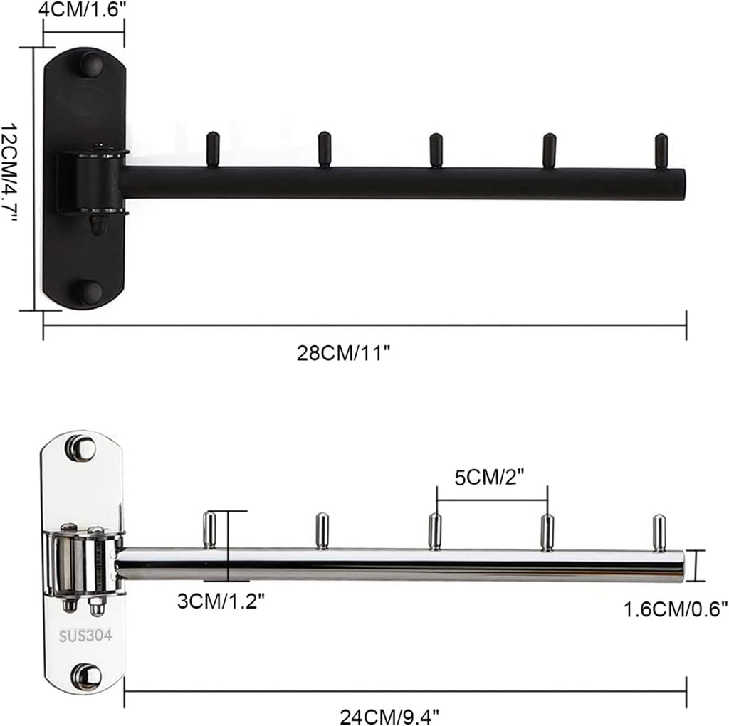 Folding Wall Mounted Clothes Hanger Rack with Swing Arm Stainless Steel Heavy Duty Coat Hook for Bathroom, Bedroom, Laundry Room - Black