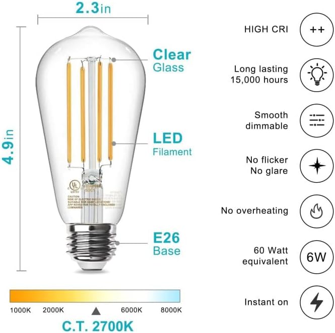TJOY 12 Pack Edison LED Light Bulbs, E26 Base, 8W 2700K, Dimmable