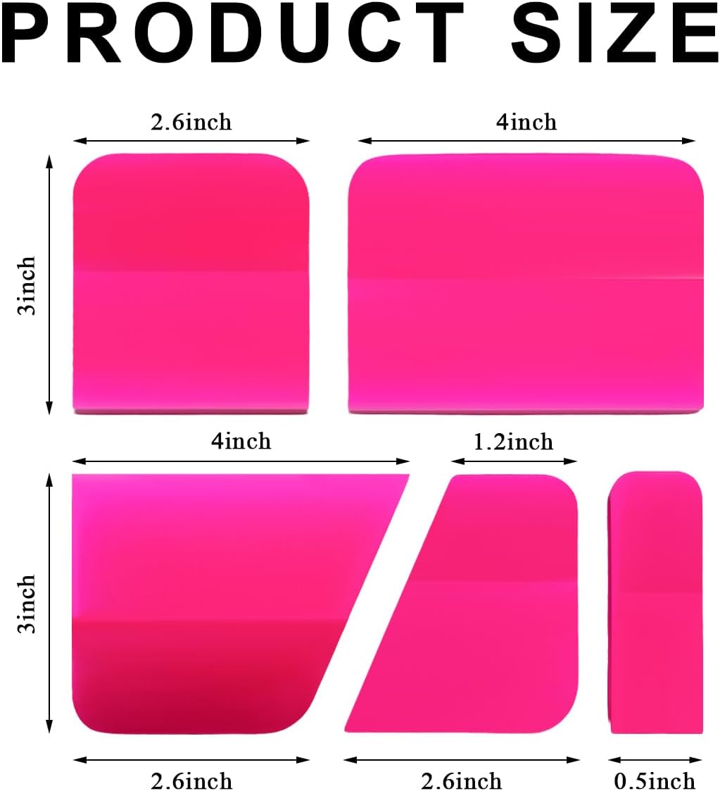 KVAEY 5 in 1 Rubber Squeegee Kit, Anti-Scratch Flexible Soft Matte TPU Coating Scraper Kit, Small Tint Squeegee Water Blade Scraper for Paint Protection Film Household Cleaning (Pink)