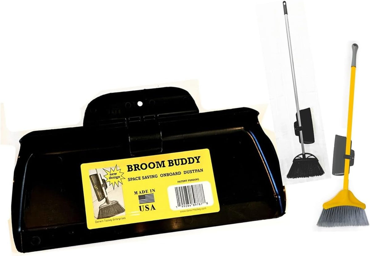 The BROOM BUDDY: A A Minimalist Dustpan. Snaps on, Stays on. A Small, Convenient, Lightweight Dustpan, Designed to Ride Along While Sweeping.