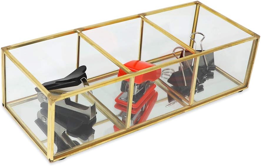 Isaac Jacobs 3-Compartment Brass and Glass Organizer 9.1"L x 3.6"W x 2.6"H