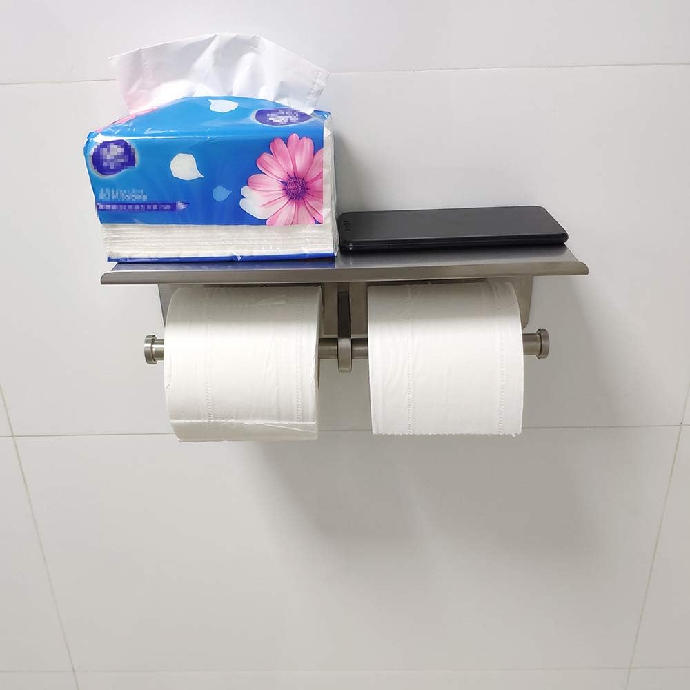 Large Double Toilet Paper Holder with Shelf, GZILA Dual Toilet Paper Rolls Holder Wall Mounted, Bathroom Mobile Phone Storage Rack, Tissue TP Dispenser, SUS304 Stainless Steel Brushed Nickel