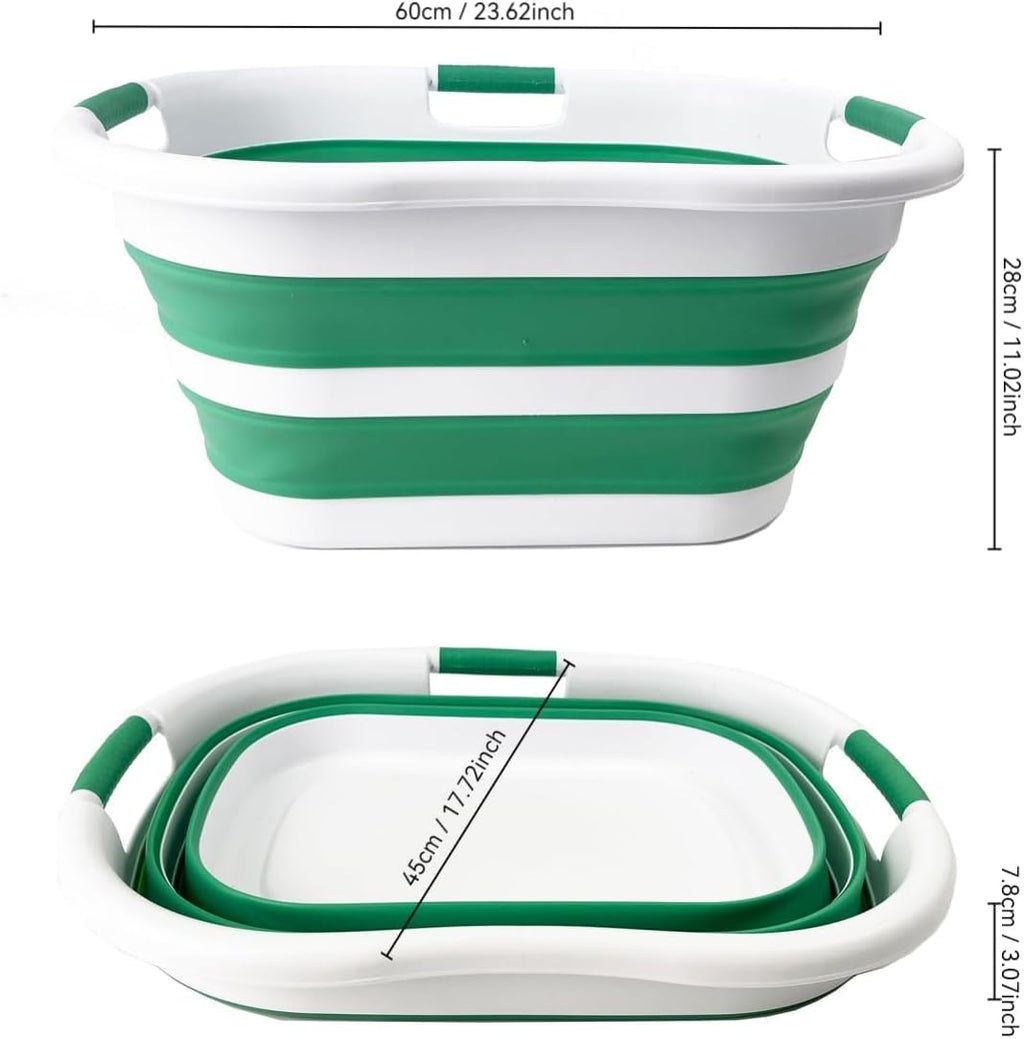 SAMMART 40L (10.5 gallon) Collapsible Plastic Laundry Hamper - Foldable Pop Up Storage Container/Organizer - Portable Washing Tub - Space Saving Basket (1, White/Winter Green)