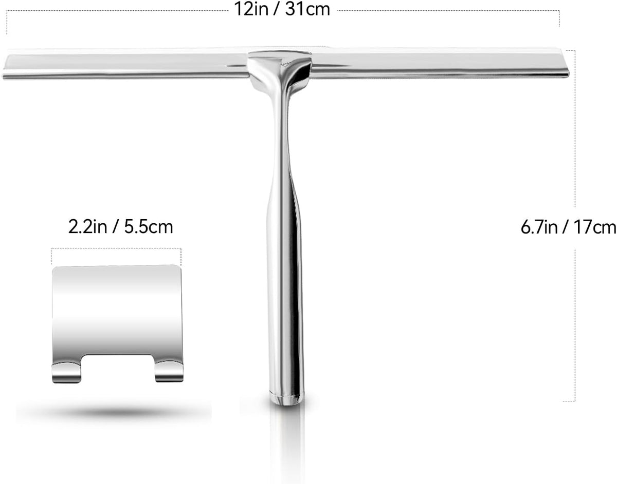 Shower Squeegees Stainless Steel with Self Adhesive Hook Window Squeegees for Shower Doors Bathroom Mirror Wiper, Window Glass Cleaning