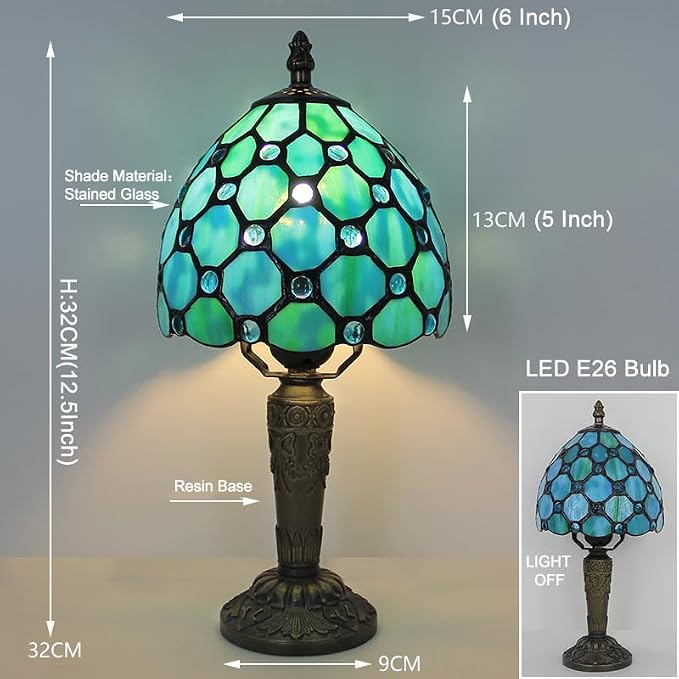 Tiffany Style Small Table Lamp,Green Beads Stained Glass 3 Color Temperature Antique Table Lamps,Bedside Nightstand Lamp for Bedroom,Living Room,Home Office+LED Bulb,6X6X12.5Inch