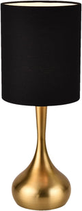 KUNJOULAM Modern Table Lamp, 17.3" Small Desk Light with Brass Metal Droplet Base, Black Cylinder Linen Drum Shade, Nightstand Lamp for Bedroom Living Room Nightstand Office