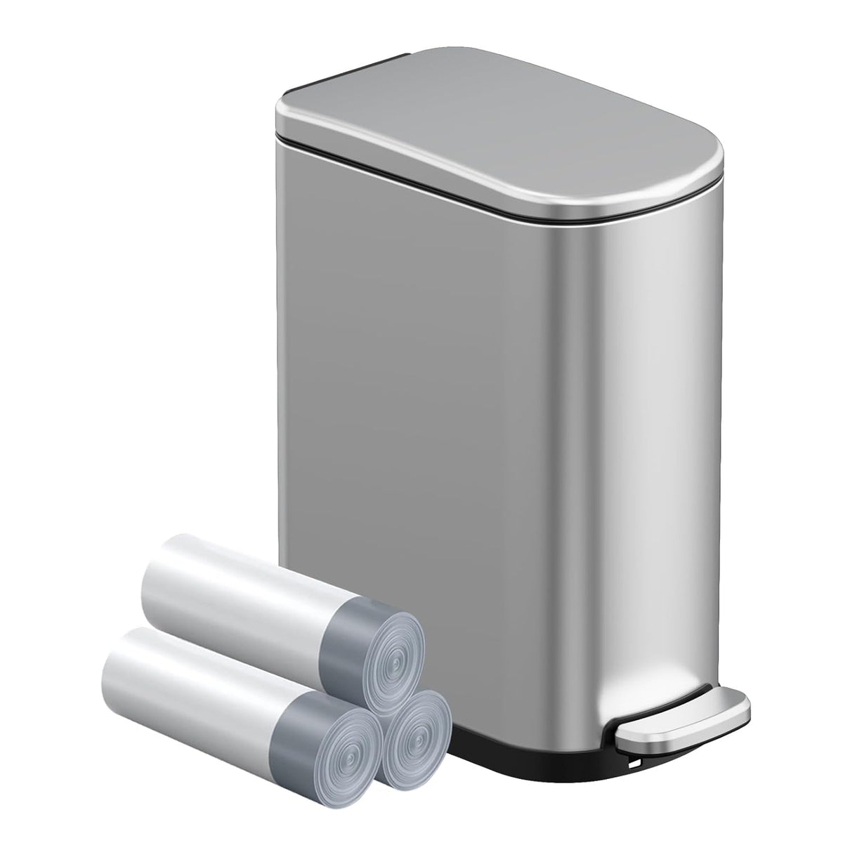 2.6 Gal Bathroom Trash Can with Soft Close Stay Open Lid, Small Rectangular 10L Stainless Steel Waste bin for Narrow Space, Waterproof, Matte Silver