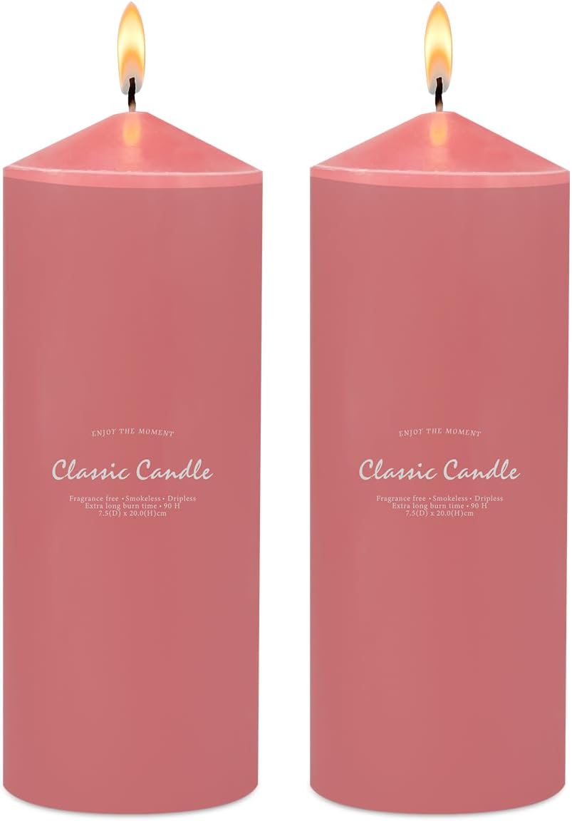 Pink Pillar Candles for Romantic, 3x8 Inch Unscented Column Candles for Spa Church Weddings, Non-Toxic Smokeless and Dripless Hand Poured Emergency Candle