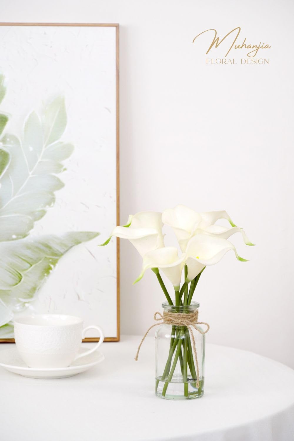 Muhanjia Artificial Flowers Calla Lily in Glass Vase with Faux Water,7Pcs Artificial Flower Real Touch Latex Flowers for Centerpiece Table Decorations Counter Decor(White Calla Lily)