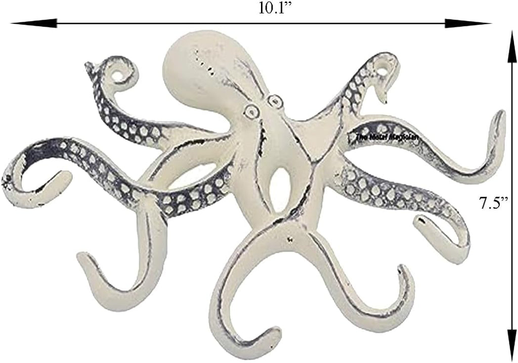 Octopus Keys Hook, Decorative Wall Mounted Nautical Wall Rack, Antique Key Holder Hook, Cast Aluminum Hanger for Coat, Hand Towel, Jacket, Bedroom, Bathroom, Kitchen & Balcony (Distressed Ivory)