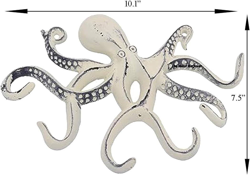 Octopus Keys Hook, Decorative Wall Mounted Nautical Wall Rack, Antique Key Holder Hook, Cast Aluminum Hanger for Coat, Hand Towel, Jacket, Bedroom, Bathroom, Kitchen & Balcony (Distressed Ivory)