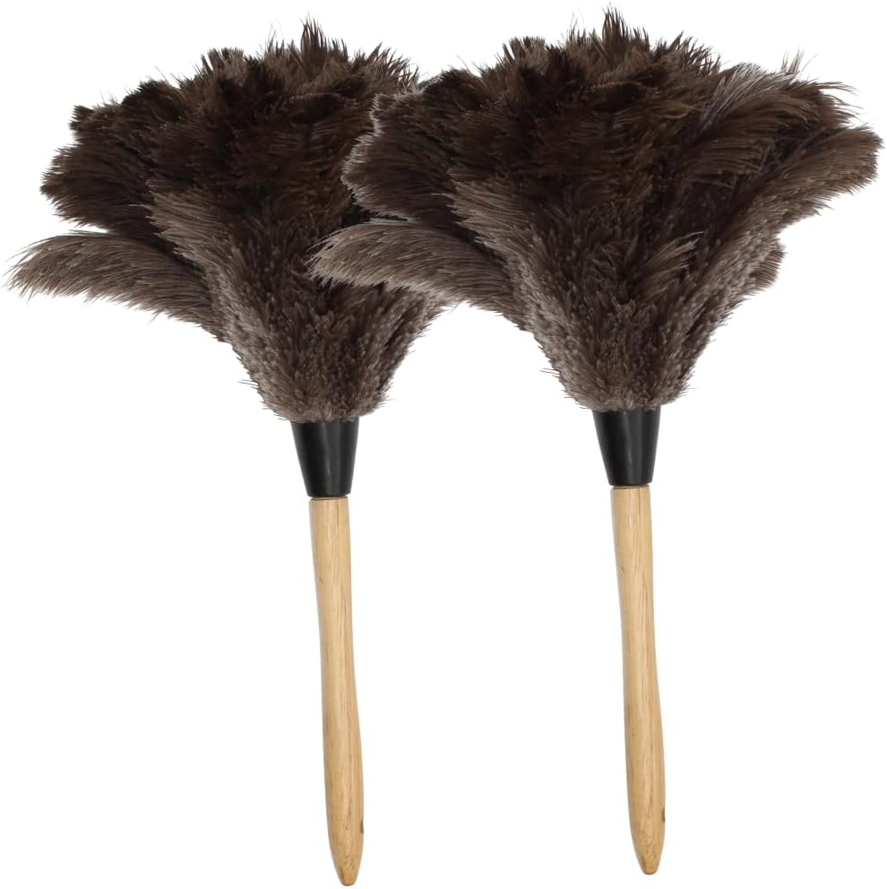Ostrich Feather Duster with Wooden Handle 14" – Natural Reusable Feather Duster for Cleaning, Furniture & Shelves, Blinds, Ceiling Fan, Dusting Tool for Home, Office, Delicate Surfaces - 2 Pack