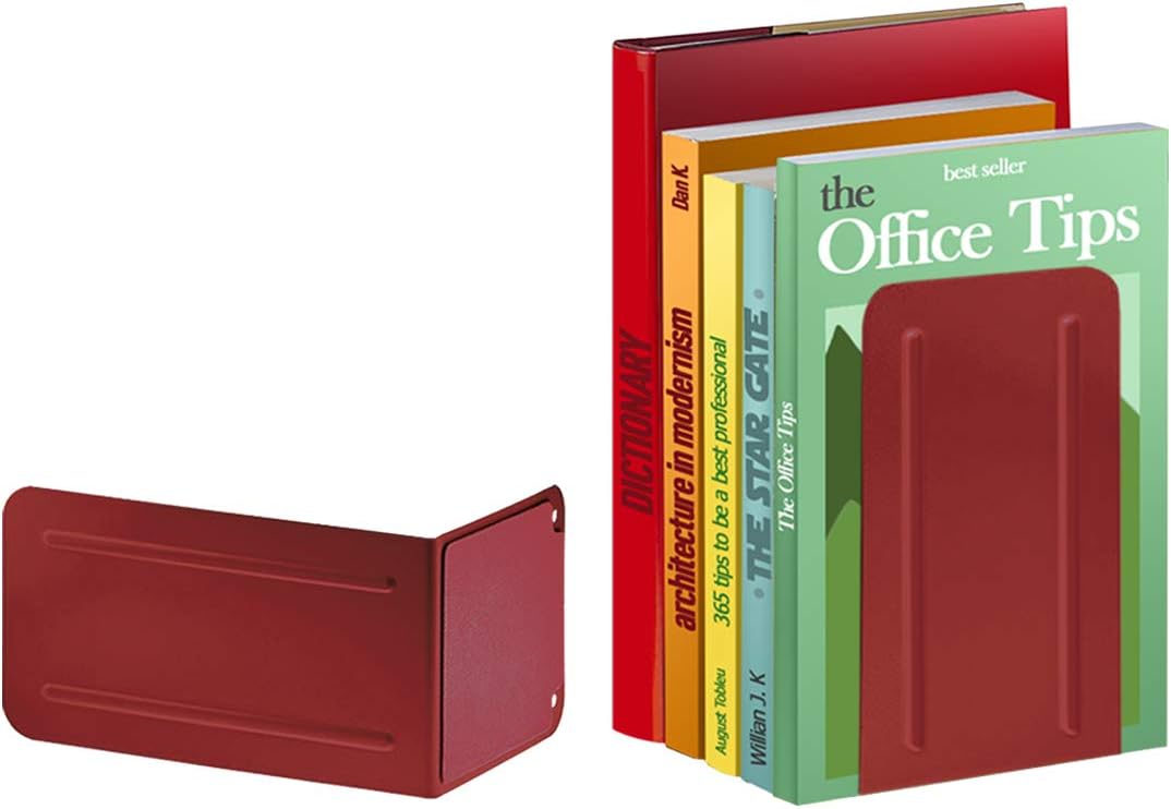 Acrimet Bookends for Shelves, Non-Skid Book Holder, Heavy Duty Book Stopper, Steel Metal Book Ends Storage for Home, Library, 6 7/8" H x 4" W x 4 1/2" D (Red) (1 Pair / 2 Pieces)