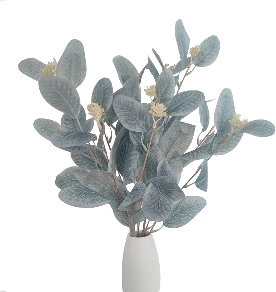 4Pcs Artificial Eucalyptus Leaves Stems Faux Eucalyptus Plant Branches for Vase Filling Home Decoration Flowers Wedding Holiday Arrangement (Light Blue)