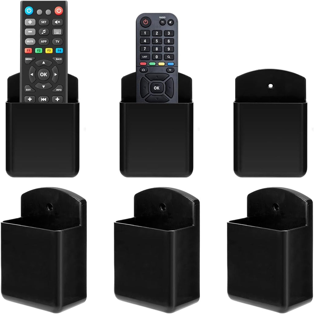 6 Pack Remote Control Holder Wall Mount Media Controller Organizer Self Adhesive TV Remote Storage Box Wall Pen Holder for Bedroom Headboard Home Office School (Black)