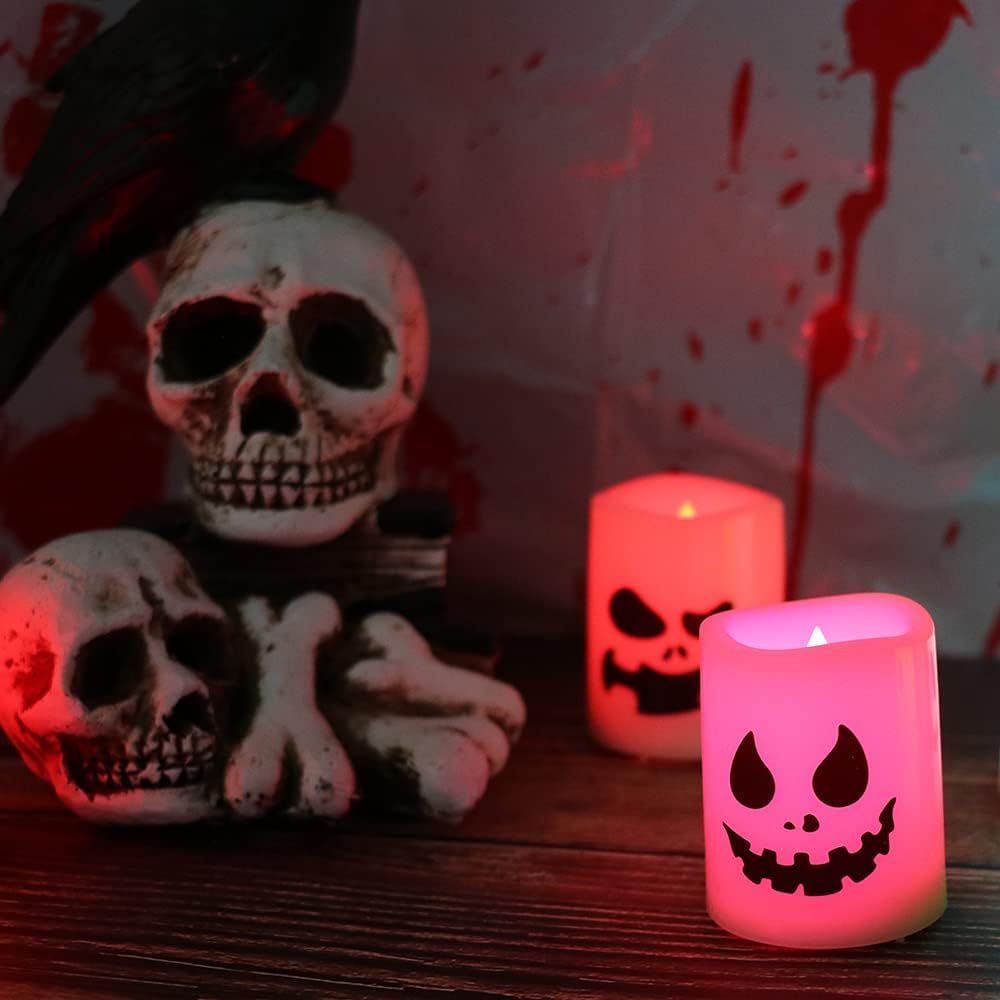 GenSwin Halloween Flameless Candles Color Changing with Remote Timer, Halloween Decorations Ghost Face Battery Operated Tealight Candles, Colorful LED Votive Candles for Home Decor(12 Pack, 1.5” x 2”)