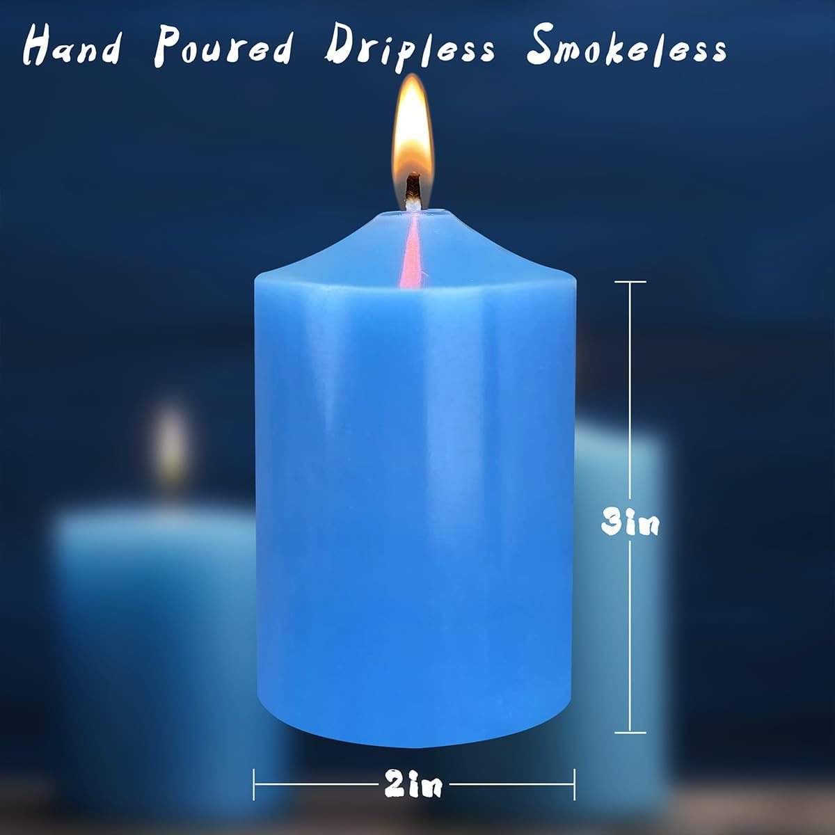 12 Pack 2x3 Hand Poured Dripless Pillar Candles, Soy Candles, Non-Toxic, Unscented, Smokeless, for Power Outages & Emergency (Blue)