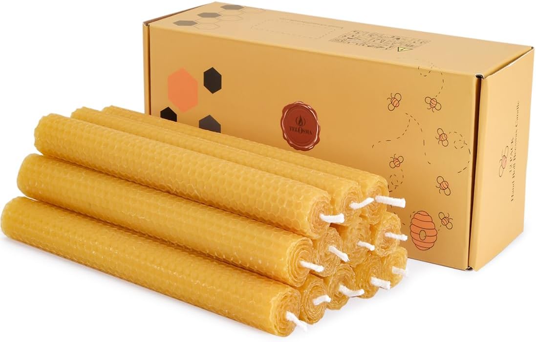 TELOSMA Hand Rolled Beeswax Taper Candles, Natural Yellow, 8 Inch, 12 Pack