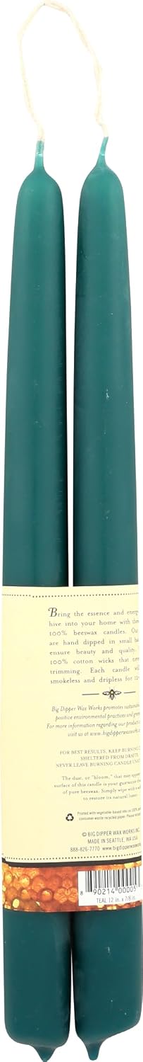 Big Dipper Wax Works 100% Beeswax Taper Candles, 12in, 2 Pack, Teal Blue