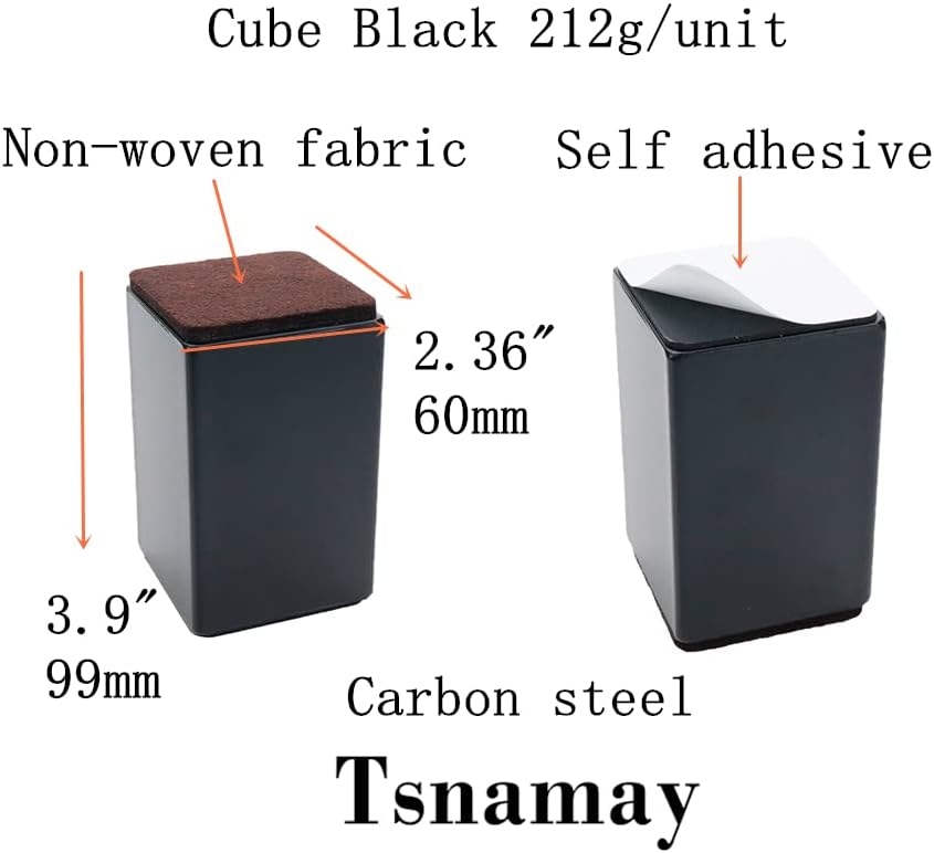 4" Self Adhesive Bed and Furniture Risers,Square Black,2.36"x3.9"