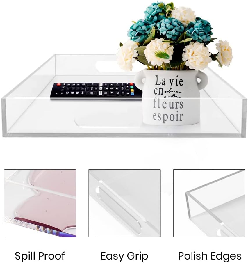 Acrylic Serving Tray (12x12x2Inch) with Handles -Spill Proof- Clear Decorative Tray for Appetizer,Breakfast -Countertop Organizer Storage Tray for Kitchen,Bathroom,Living Room