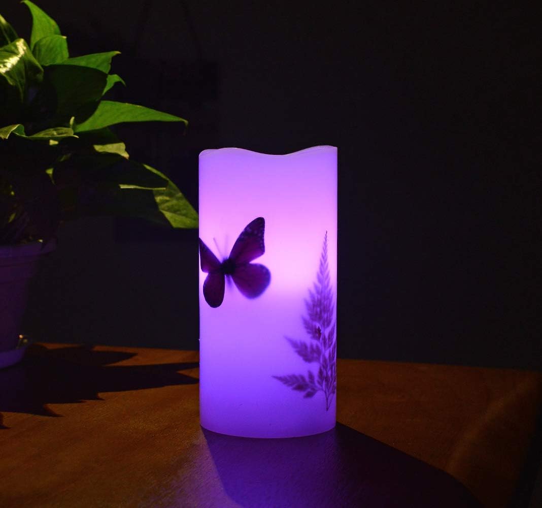 LED Candles Flameless Battery Operated with Remote Timer 6'' Tealight Butterfly & Plants Decor Real Wax Electric Candle Lights 12 Color Changing for Home&Kitchen Indoor/Outdoor Party