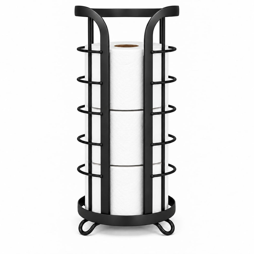 BROOKSTONE Toilet Paper Holder Stand Reserve - Free Standing Toilet Paper Stand with Storage that Holds Mega Rolls, Standing Bathroom Tissue Organizer, Bathroom Decor - Modern Storage Holder, Black