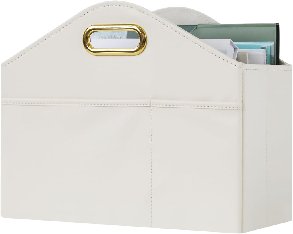 Magazine Holder PU Leather Magazine Rack Floor foldable Magazine Basket Organizer Newspaper Storage Bin Document File Holder for Home Office - white