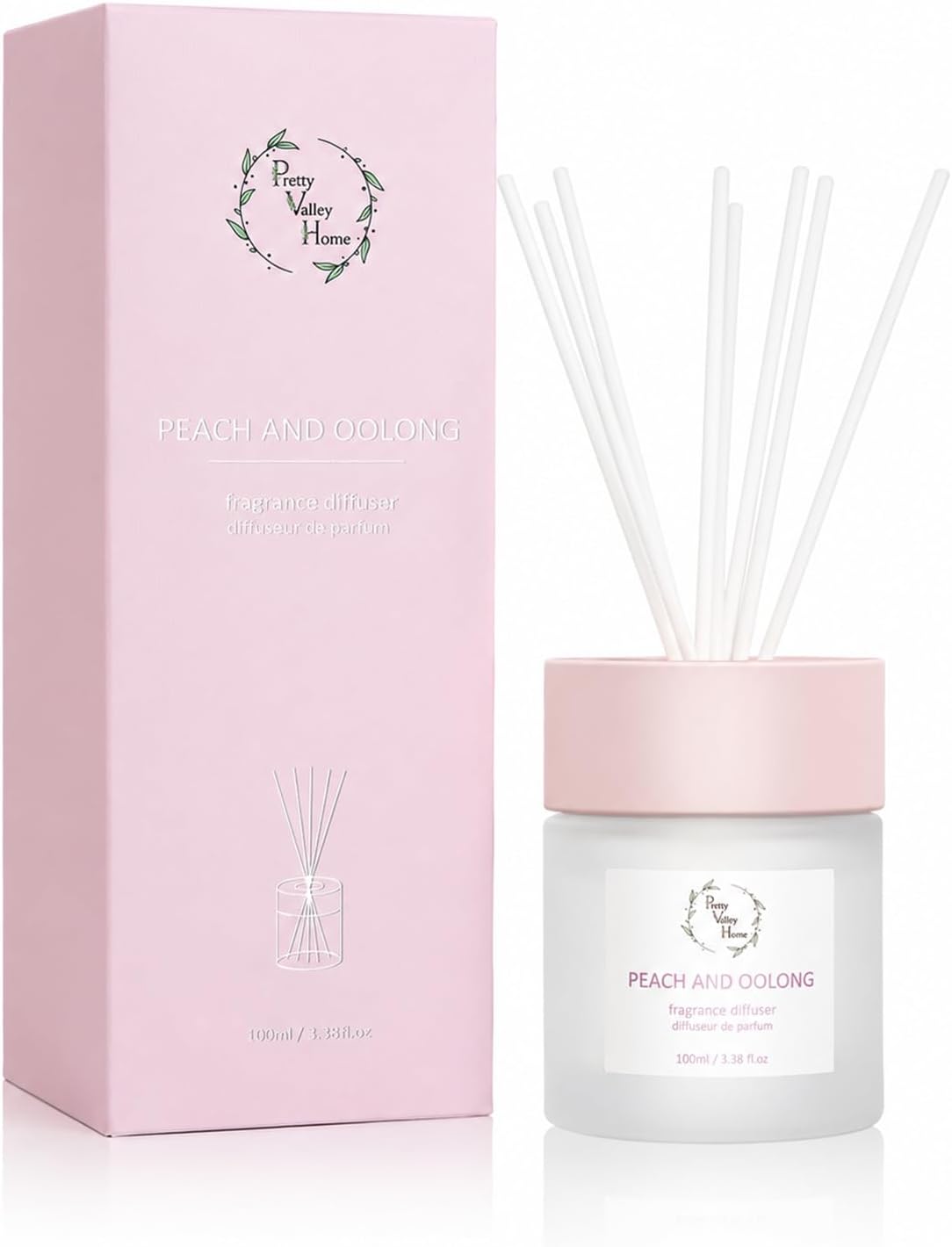 Reed Diffuser Set, Pretty Valley Home Diffuser 100Ml / 3.38fl OZ Gift Box - Includes Reed Diffuser Sticks, Fragrance Oil, and Glass Bottle for Bathroom Office Living Room Decor (White Peach & Oolong)