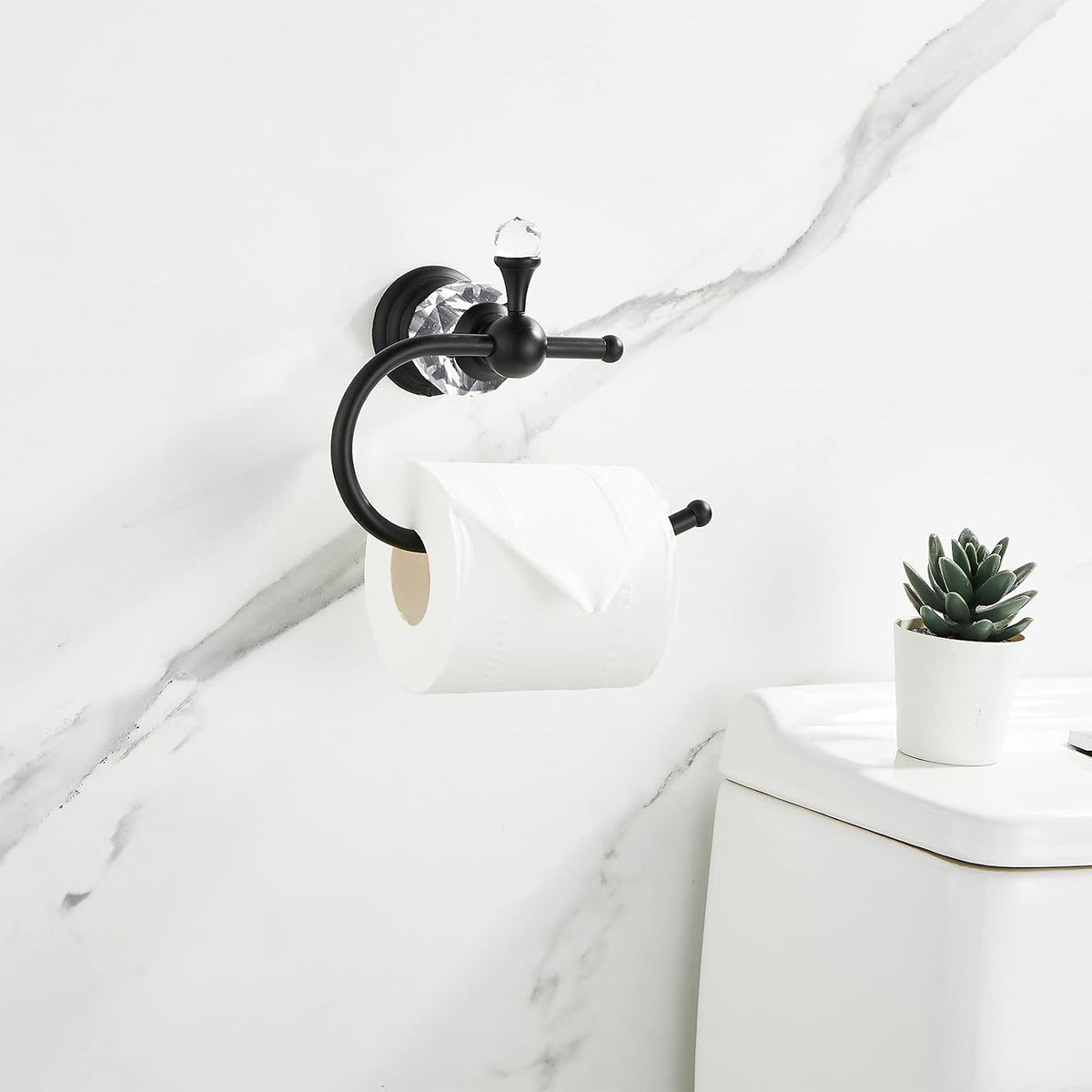 WOLIBEER Crystal Towel Ring,Matte Black Toilet Paper Holder Stand Hand Towel Holder Towel Hook Tissue Roll Paper Holder Towel Hanger Bathroom Hardware 2 Pieces Sets Wall Mounted