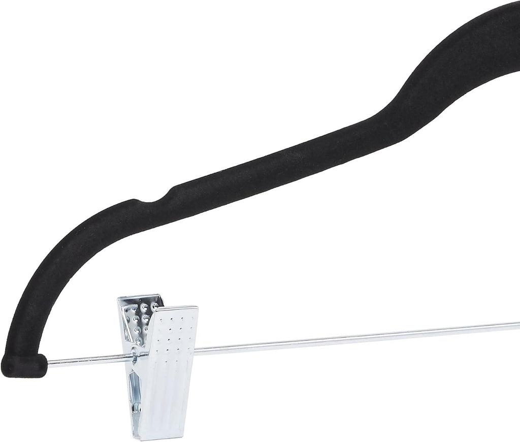 Amazon Basics Velvet Non-Slip Skirt Clothes Hangers with Clips, 360 Degree Rotatable Hook, Sturdy Construction, Organize Pants and Skirts, Black/Silver, 50-Pack