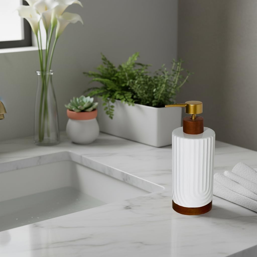 White Soap Dispenser,Ceramic with Wood Hand Soap Dispenser, 16oz Refillable Liquid Bottle, for Modern Home Decor, Bathroom, Kitchen Countertop, Hotel (White)