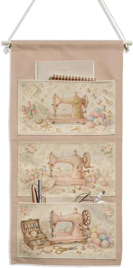 IAXIC Retro Sewing Machine Canvas Wall Hanging Organizer with Pockets