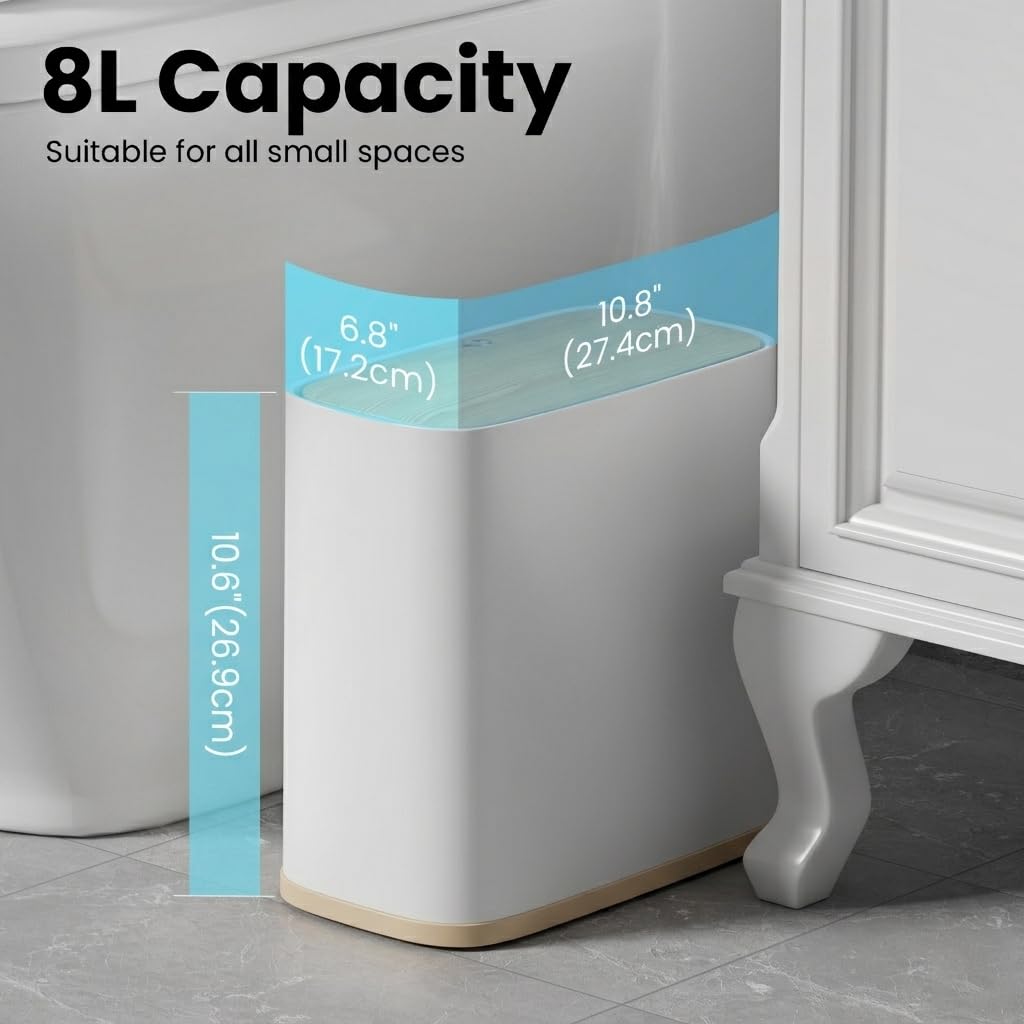 Bathroom Trash Can, 2.1 Gal Small Slim, Plastic White, Faux Wood Grain Lid