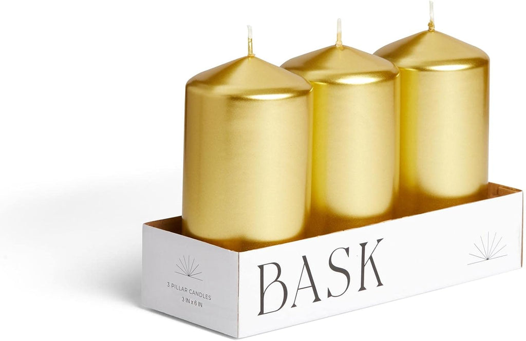 Metallic Cone Top Pillar Candles by Bask - Set of 3-3" x 6" Dripless Unscented Holiday Candles in Metallic Gold for Home Decor, Relaxation & All Occasions