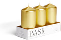 Metallic Cone Top Pillar Candles by Bask - Set of 3-3" x 6" Dripless Unscented Holiday Candles in Metallic Gold for Home Decor, Relaxation & All Occasions