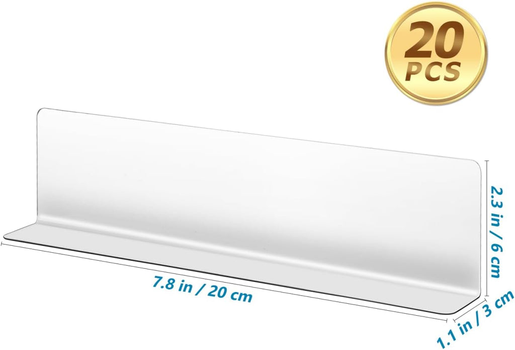 Cabilock 20pcs L-Shaped Shelf Dividers 7.87 Inch Clear Plastic Organizers for Home Cabinet and Supermarket Shelves Stable Design for Efficient Storage of Drinks Bread and Snacks